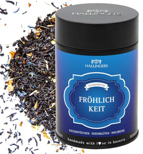 Hallingers Genuss Manufaktur Tee Geschenk - Loser Schwarz-Tee mit Katzenpfötchen, Rosenblüte & Waldbeere, edle Geschenkdose Fröhlichkeit, Geschenkidee für Frauen & Teeliebhaber