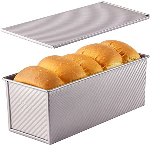 CHEFMADE Kommersiell Pullman brödform med läpp, 1 kg degkapacitet non-stick rektangel korrugerad rostlåda för ugnsbakning 12,2 cm x 32,5 cm x 12,9 cm (champagneguld)