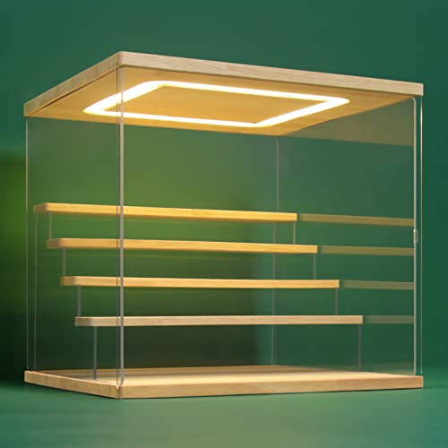 NONEMEY Vitrine pour Collection en Acrylique Transparente avec Éclairage LED Tricolore – Présentoir Anti-Poussière 2/3/4/5/6 Niveaux pour Figurines et Lego (Bois, 5Tier-31.5x31x30cm)