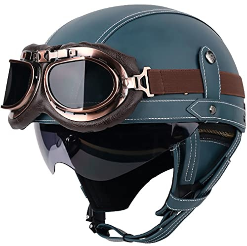 Casque Moto Vintage avec Lunettes - Casque Jet de Pilote Rétro pour Scooter et Vélo - Demi Casque Coupe-Vent Homme Femme