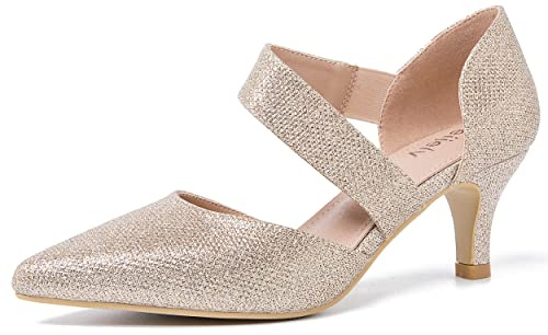 Peijely Women's Pointed Toe Kitten Heel Pumps, Elastic Strap Dress Shoes, Slip On Professional Office Wear Glitter Nude Gold 46 - US 11.5
