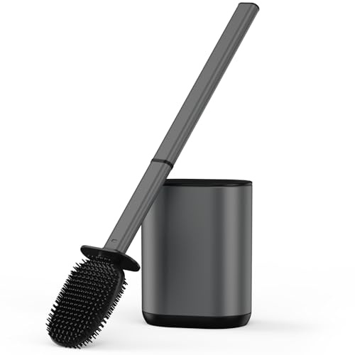 HOMEASY Brosse WC, Brosse Toilette Silicone avec Support Acier Inoxydable pour Nettoyage en Profondeur, Au Sol ou Montage Mural, Gris