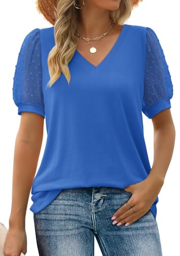 Aokosor Ladies T Shirts Women V Neck Tops Swiss Dot Puff Sleeve Summer Tee Light Blue Size 14-16