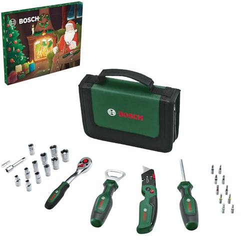 Bosch Adventskalender 2023, 28-teilig, für Heimwerker (Werkzeug-Set mit ¼-Ratsche, Universal-Schraubendreher, Klappmesser, Flaschenöffner, Bits und Steckschlüsseleinsätze; in Aufbewahrungstasche)