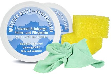 vom Pullach Hof 2 Stück Weisser Blitz Putzstein Universal Reinigung Polier Stein Pflegestein inkl. Schwamm und Microfasertuch