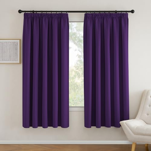 PONY DANCE Blackout Pencil Pleat Curtains, Purple, W90 x L72 Inch, 2 Panels | Thermal Insulated Curtains with Noise Reducing & Privacy, Luxury Soft Window Treatment for Bedroom & Living Room