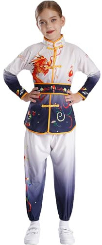 Jugaoge Mädchen Chinesischer Kung Fu Anzug Traditionelle Kampfkunst Uniformen Trainingsanzug aus Langarmhemd + Lange Hose + Bindengürtel Schwarz 110-116