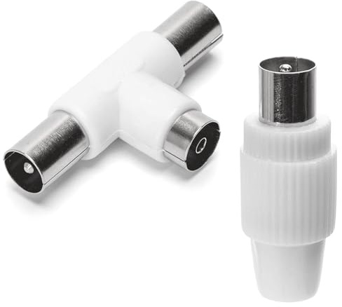 Conector de Antena de TV con 2 Conectores y 2 Clavijas, Color Blanco, Ideal para facilitar la conexión de Dispositivos audiovisuales.