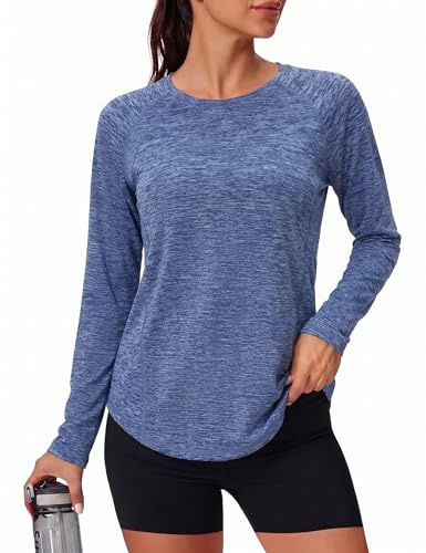 Gyabnw Camiseta Deportiva Manga Larga para Mujer Camisa Transpirable Cuello Redondo Adecuada para Fitness Yoga y la Mayoría de los Deportes