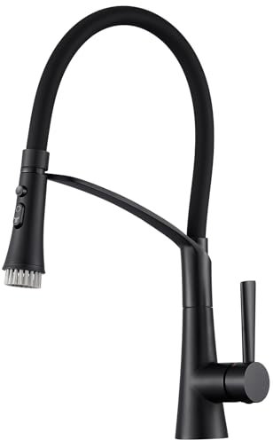 CREA Robinet de cuisine avec douchette 3 fonctions, robinet de cuisine haute pression avec douchette extensible, mitigeur rotatif à 360°, robinet d'évier de cuisine avec brosse pratique, noir mat