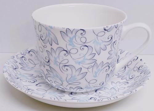 Rainbow Decors Royale Cup & Saucer Bone China Jumbo 425 ml (15fl oz) Blue & Grey Swirl Floral Leaves Breakfast Set Hand Decorated UK