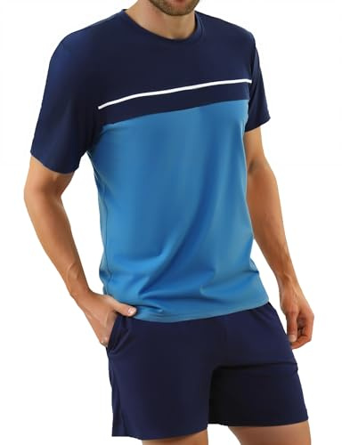 Bresdk Men's Pyjamas Shorts Set Cotton Lounge Pants and Short Sleeve T-Shirt with Stripe Design Cozy Sleepwear Loungewear Blue L