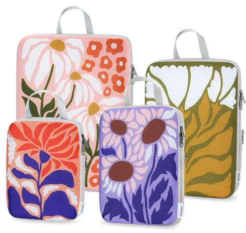 Gonex Compression Packing Cubes, 4pcs Expandable Storage Travel Luggage Bags Organizers, Travel Cubes for Suitcase Carry On (Flowers)