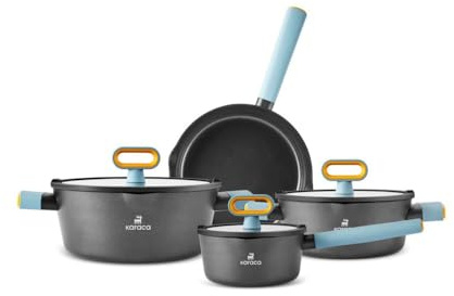 Karaca Swiss Crystal Fancy 7-Piece Ceramic Pots and Pans Sets Non-Stick, Induction Cookware Set, PFAS-Free, Black with Blue Handle, Includes Saucepan, Cooking Pots, Frying Pan