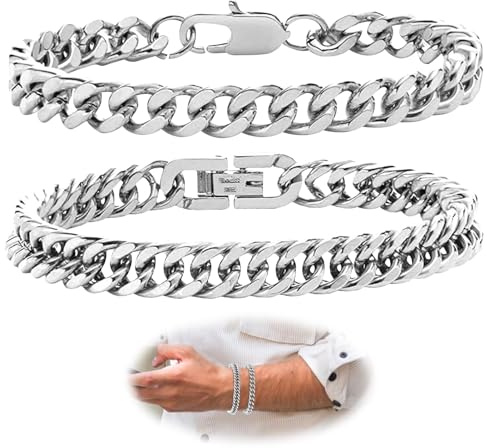 Makloee 2Pcs Men’s Cuban Link Bracelet, Strong Antique Silver Bracelet,Men Sturdy Stainless Steel Chain, Cuban Figaro Wrist Chain Gifts for Him Dad Boyfriends