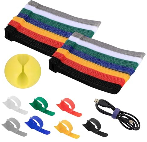 140 Piezas Bridas Reutilizables y Ajustables para Cables, Bridas Sujeta Cables Eléctricos con Gancho y Bucle, para Hogar y Oficina, 7 Colores