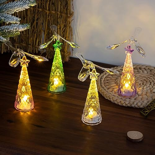 4 stycken kristalljulgran med LED-belysning, juldekoration LED mini julgran värmeljus, julkristallträd med roterande fågel, liten julgran bordsdekoration