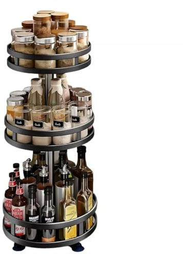 SK-GOODS 3-Tier 360° Rotating Spice Rack – Steel Lazy Susan Kitchen Organiser – Height Adjustable Revolving Spice Turntable for Pantry, Cabinet, Countertop & Bathroom Storage 60 X 25CM