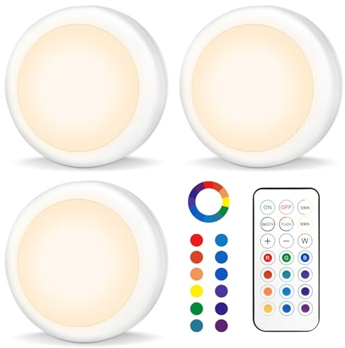 AUAUY 3 Pezzi Luci Armadio, Luci a LED per Armadietto, Lampada Armadio con Telecomando, Luce Adesiva a Batteria RGBW, Ricaricabili, Dimmerabili, Timer, Notturna per Corridoi Camera Guardaroba-Bianco