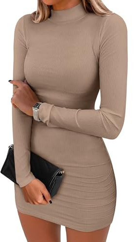 ANRABESS Women Long Sleeve Mock Neck Bodycon Mini Dress 2025 Fall Ribbed Slim Fit Pencil Cocktail Club Night Dresses Light Brown Medium
