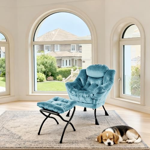 A ALFRESCOOL Sillón, sillón de lectura, sillón de televisión, sillón de relax, sillón con taburete y reposabrazos, bolsillo lateral y reposapiés, para salón, dormitorio, oficina, 72 × 80 × 93 cm (azul