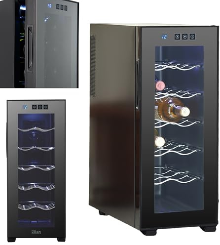 Zilan Weinkühlschrank mit Touch-Bedienfeld – 33 Liter / 12 Flaschen – Edelstahl Getränkekühlschrank Mini Kühlschrank Minibar mit UV-Glastür - leiser Betrieb <27 dB, stufenlose Temperaturregelung