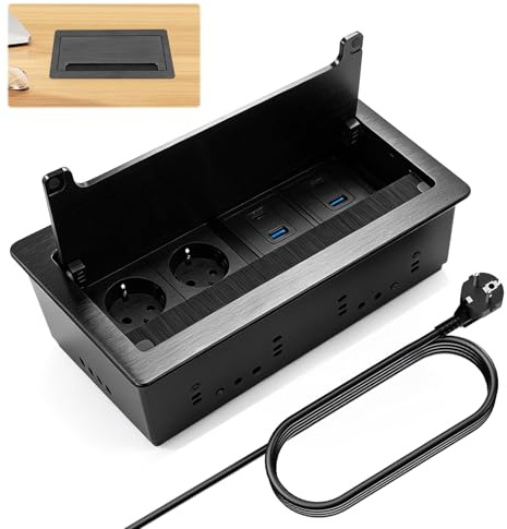 Sänkbart inbyggt uttag i aluminium med 2 USB-C PD 30 W & 4 USB-A, 3-vägs flera uttag för kök, bänkskiva, kontor, 1,8 m kabel