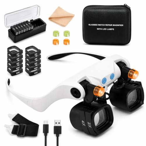 GREATRICH Gafas Lupa con Luz LED, Recargable Gafas Aumento, Lupa de Cabeza 5 Lentes (2X-13X) Lupa Relojero Profesional para Manualidades, Costura, Joyería y Lupa de Lectura