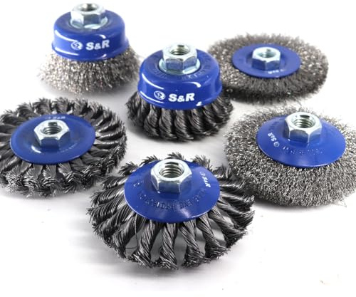 S&R Trådborste vinkelslip tillbehörsset M14 6-delad, stålborstar | 2 x skivborste, 2 x grytborste, 2 x konisk borste, flätad, vågig ståltråd, rostborttagning, metall, trä, färg, och mycket mer
