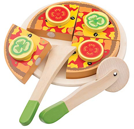 Woet® Wooden Pizza Play Food Toy with Cutter, Serving Plate and 4 Slices, Pretend Cooking Kitchen Accessories, Educational Role Play Gift for Kids, Age 2 Years +