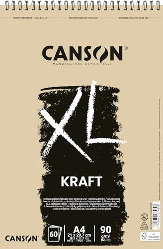 Canson 400039141 XL kraft räfflat skissblock, 90 g/kvm, 60 ark per block spiral på kort sida, 210 x 309 mm, ljusbrun