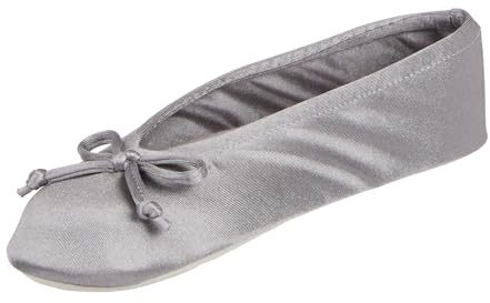 isotoner Women's Stretch Satin Ballerina Slippers with Soft Bow, Suede Sole, and Terry Lining, Ash, 8-9