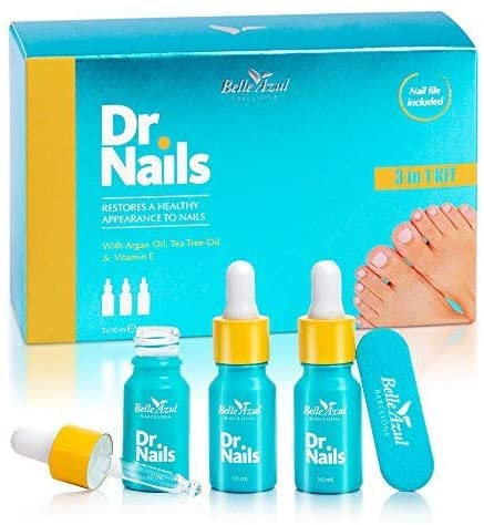 Belle Azul Dr. Nails Anti Nagelpilz Behandlung - Nagellack 3x10 ml - Nagelaufheller - Antifungal Nagelpflege für gesunde und kräftige Nägel - mit Bio Argan & Teebaumöl, Vitamin E - Made in Spain