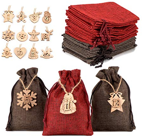 Sweelov Jutesäckchen für Adventskalender Weihnachten Adventszahlen Zahlen Holz Deko Holz-Anhänger Adventskalender Jutebeutel Stoffbeute Geschenksäckchen zum Befüllen