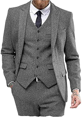 Costume de mariage en tweed à chevrons pour homme Ceehuteey - Costume de bal de promo de 3 pièces avec revers à pointe, gris, 44