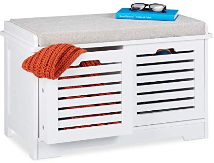 Relaxdays Sitzbank mit Stauraum, 2 Körbe, gepolsterte Küchenbank, Landhausstil, Sitzkommode, HxBxT 44 x 72 x 35 cm, weiß