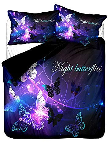 Sticker Superb. Blau Lila Nacht Schmetterling Kunst Dekoration Bettwäsche-Set zum Herbst Winter, 3D Tier Maus Blume Süss Liebe Star Rosa Bettbezug Mikrofaser Polyester (Schwarz lila, 135 x 200 cm)