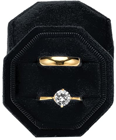 POKOFO Premium Velvet Ring Bearer Box for Proposal Engagement Wedding Ceremony - Equilateral Octagon Vintage Double Ring Display Holder with Detachable Lid (Black)