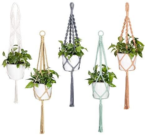 Navaris 5X Makramee Pflanzenaufhänger Halterung - ca. 100cm lang - Pflanzen Blumentopf Makramee Deko Hängeampel Blumenampel - in versch. Farben