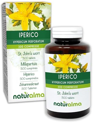 Johanneskraut (Hypericum perforatum) Kraut mit Blüten Naturalma - 150 g - 300 Tabletten - Nahrungsergänzungsmittel - Natürlich und Vegan