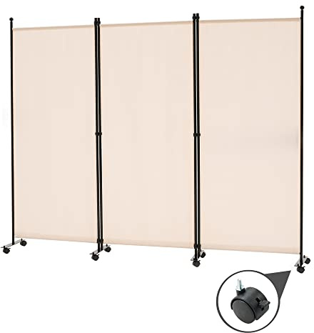 Spurgehom 3 Panel Rolling Room Divider, Folding Partition Privacy Screens, Freestanding Fabric Room Panel, Portable Folding Wall Divider for Office, Room, Restaurant, Hospital (Beige)