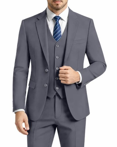 LUPURTY - Traje de 3 piezas para hombre, ajustado, traje para negocios, boda, fiesta, 2 botones, blazer de esmoquin, chaqueta, chaleco y pantalones, Gris claro, 4X-Large