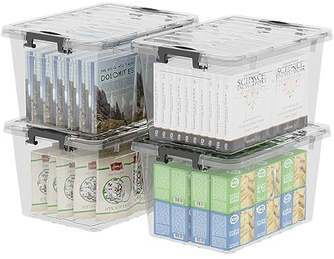Cetomo 15L*4 Cajas de Almacenamiento con Tapas, Contenedores de Plástico con Broches de Enganche, Apilables, Encajables, Organizador Rayado para Ropa Juguetes Armario, Transparente, 15L-4 Pack