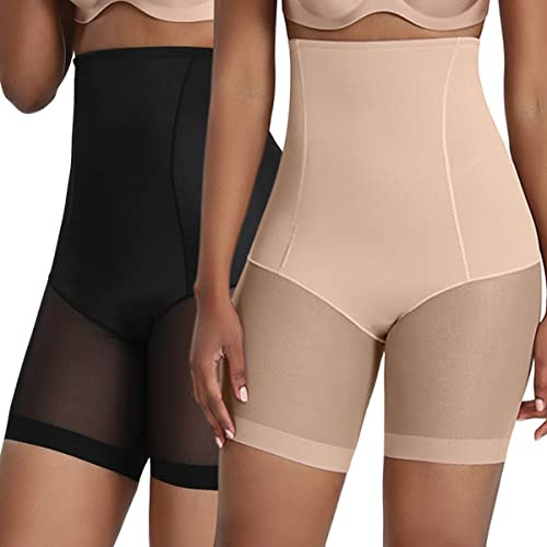 Xnova Mutande Guaina Contenitiva Donna Vita Alta Intimo Shorts Modellante, Pantaloncini Anti sfregamento Sottogonna, Mutandine Boxer Pancera Post Parto Shapewear (2 Pezzi Nero, Beige, XL)