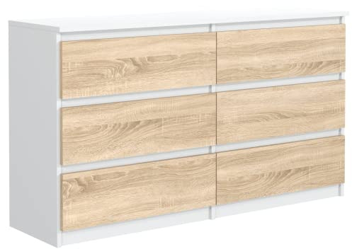 meble masztalerz Commode 120 cm, Blanc & Sonoma | Commode Chambre 120x39x78,5cm, Meuble de Rangement Salon Classique, Spacieuse et Design