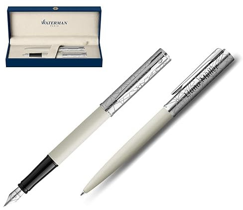 Waterman Allure Deluxe Engraved Ballpoint Pen and Fountain Pen | Gift for Man and Woman | Inspired by Paris Fashion | Personalised (White, Ballpoint Pen and Fountain Pen)