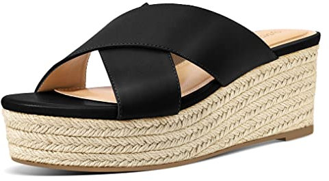 PIZZ ANNU Sandalen Damen Espadrilles Plateau Keilabsatz Frauen Keilsandalen Sandaletten Hausschuhe Pantoletten Elegant Sommer Schuhe Schwarz EU 40