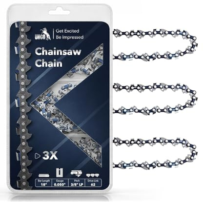 UNCO- Chainsaw Chain, 18 Inch, 3 Pack, 3/8 LP Pitch, .050 Gauge, 62 Drive Links, 18 Inch Chainsaw Chain, Fits Poulan, Kobalt,Ego, Greenworks, Homelite Craftsman,and More-S62