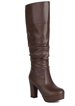 XHLZAAUE Genou Haute Bottes Femme Botte Slouchy à Plateforme Talons Hauts Bottes Longues d'hiver Chaudes,Marron,34 EU