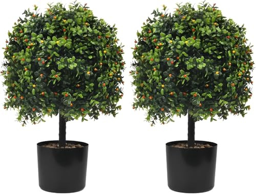 2 bolas de boj artificiales con frutas rojas de 50 cm, plantas artificiales redondas en maceta, planta de exterior para puerta de casa, patio trasero, balcón, jardín, boda, fiesta, decoración de